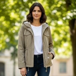 Weather Tamer Women's Khaki Hooded Utility Jacket Size Large Zip Front